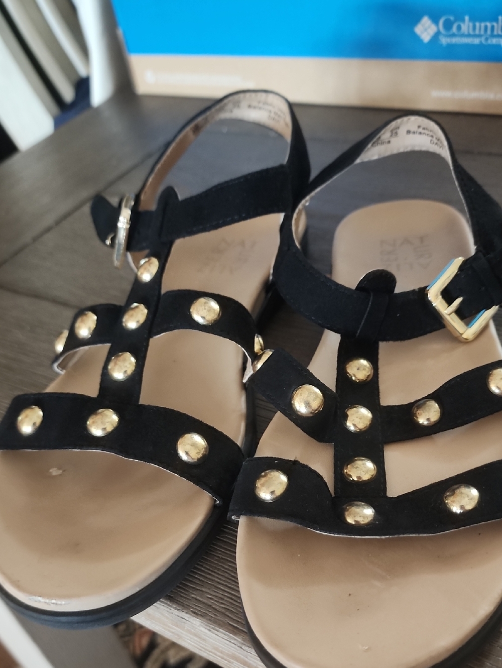 Naturalizer Black Suede Studded Gladiator Sandals with Gold Accents